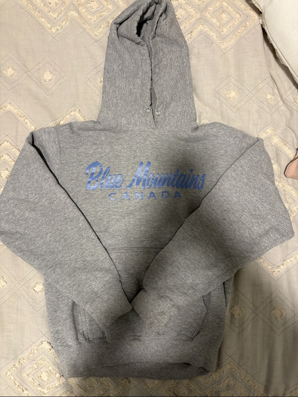 Blue Mountains Canada Gray Hoodie with Blue Script